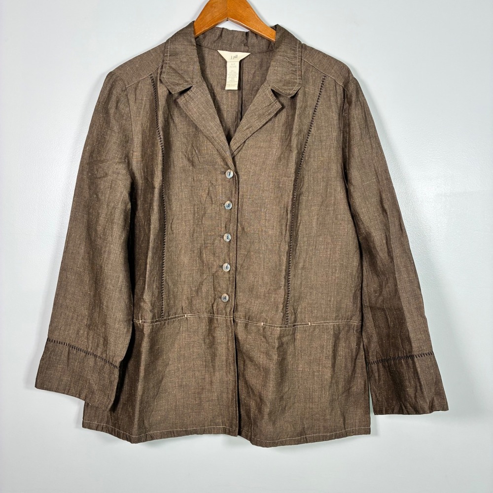 J. Jill Shirt Jacket XLP Brown Linen Blend Pick Stitch Button Front Earthy Layer